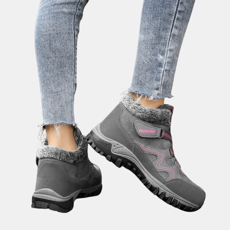 Gray orthopedic shoes with hook-and-loop straps and padded fuzzy collar