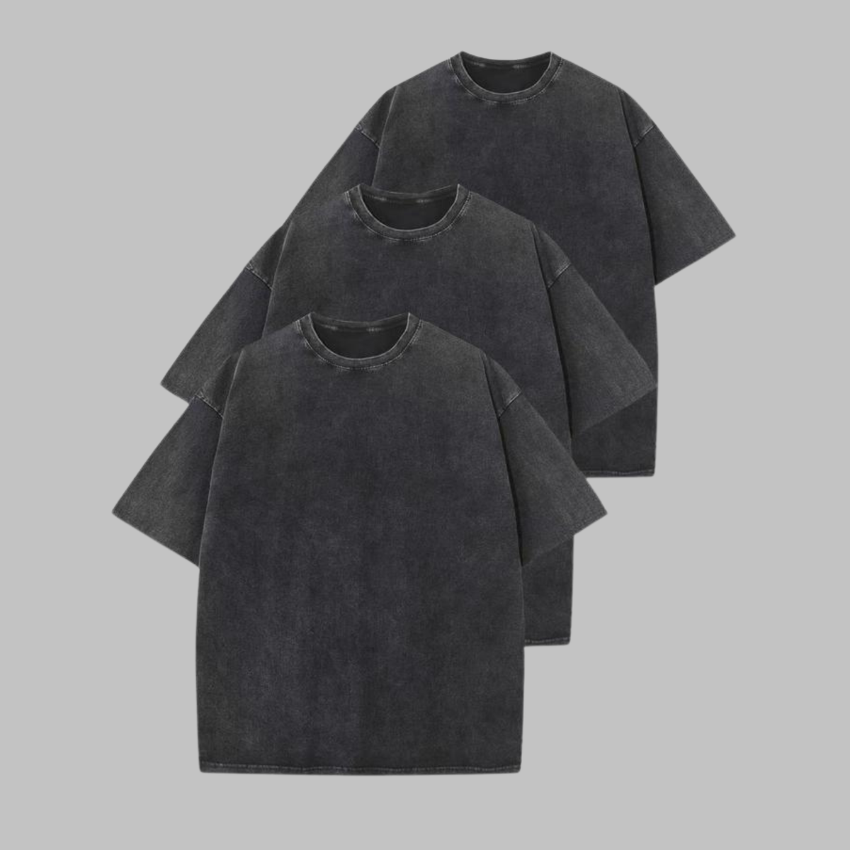 3-pack washed crew-neck T-shirts in dark charcoal, black, and dark gray