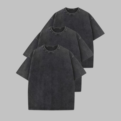 3-pack washed crew-neck T-shirts in dark charcoal, black, and dark gray