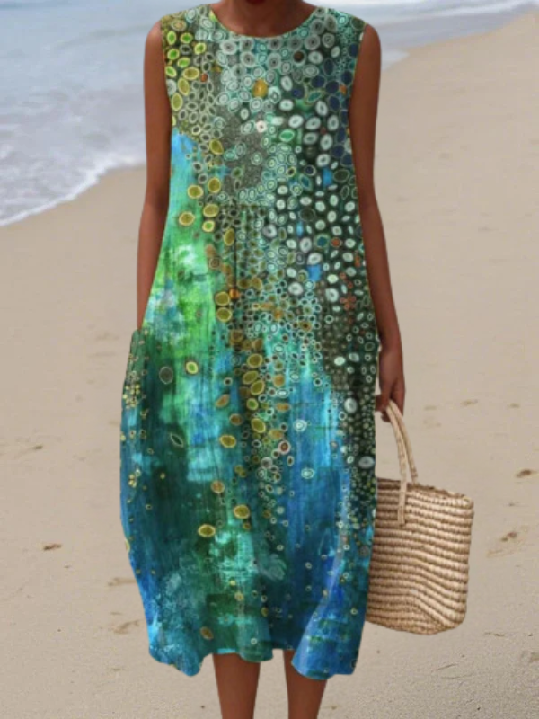 Sleeveless midi dress with multicolor circular print, teal blue and green
