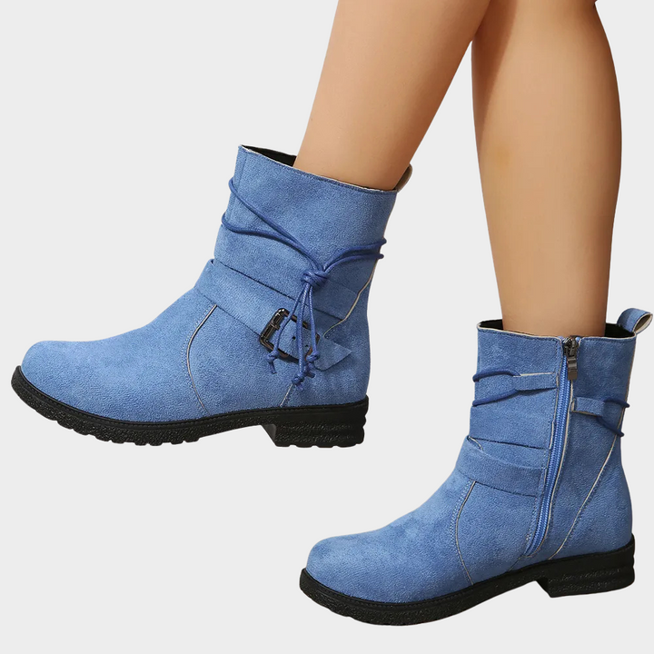 Sky blue suede low-heel ankle boots with lace-up front and side zipper