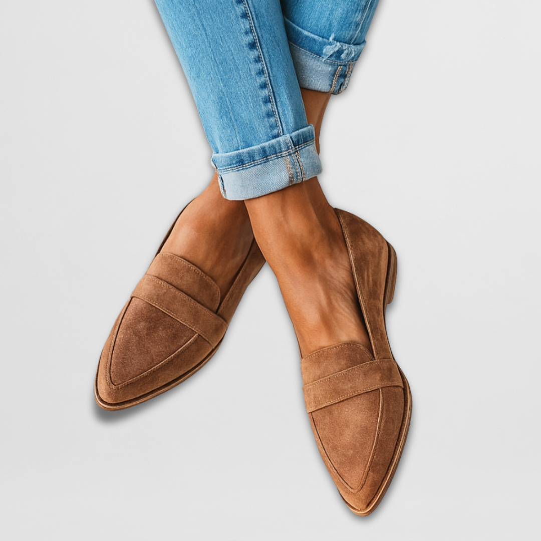 Tan suede loafers with slip-on strap and pointed toe
