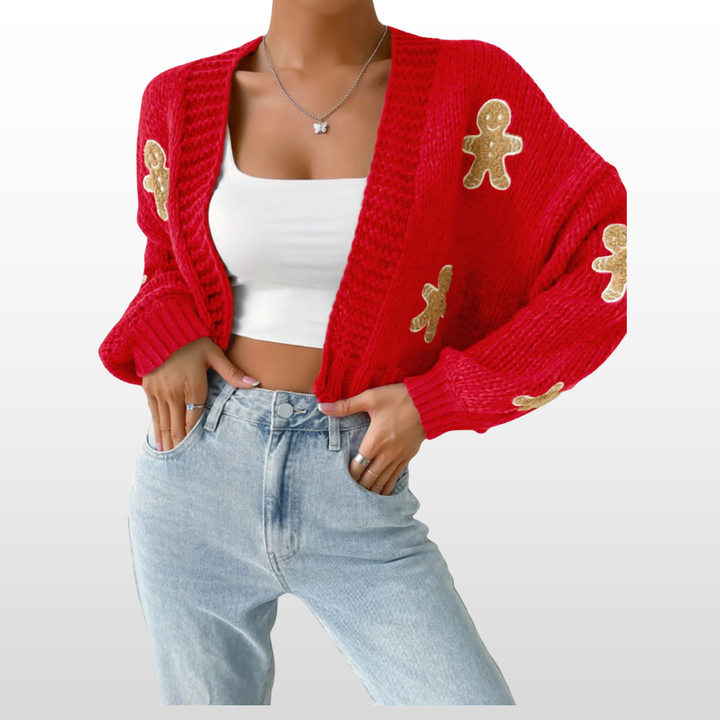 NOIME™ red knit cardigan with gingerbread appliques, open front, long sleeves