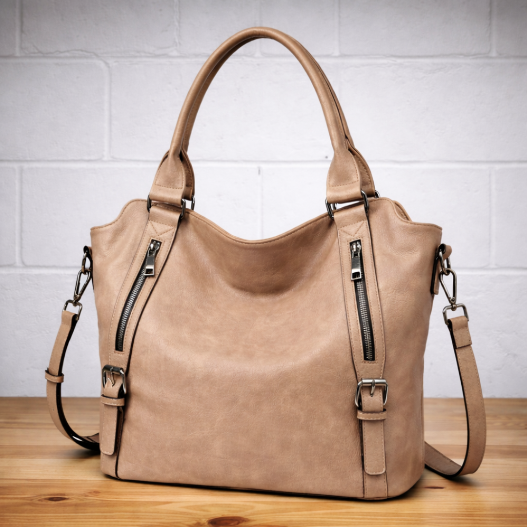 Light brown leather hobo tote bag with two top handles, two zip compartments, and strap