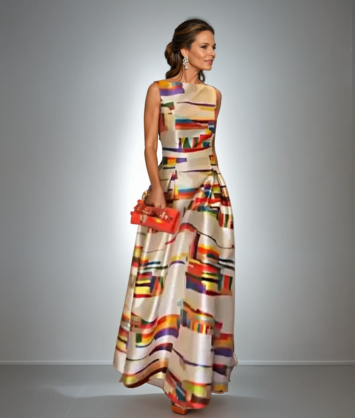 Fit-and-flare evening dress, sleeveless with high neckline and abstract multicolor print