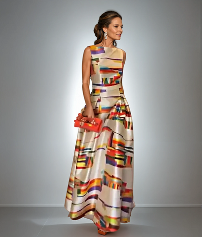 Fit-and-flare evening dress, sleeveless with high neckline and abstract multicolor print
