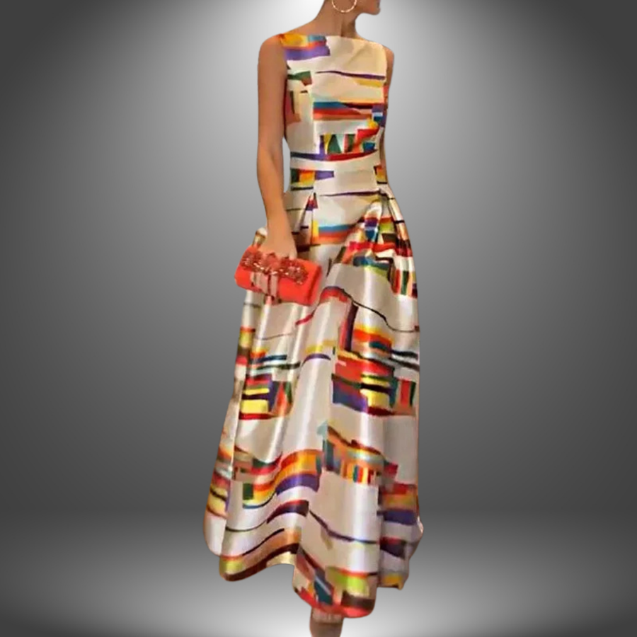 Sleeveless dress with high neckline and abstract multicolor block pattern, gathered waist