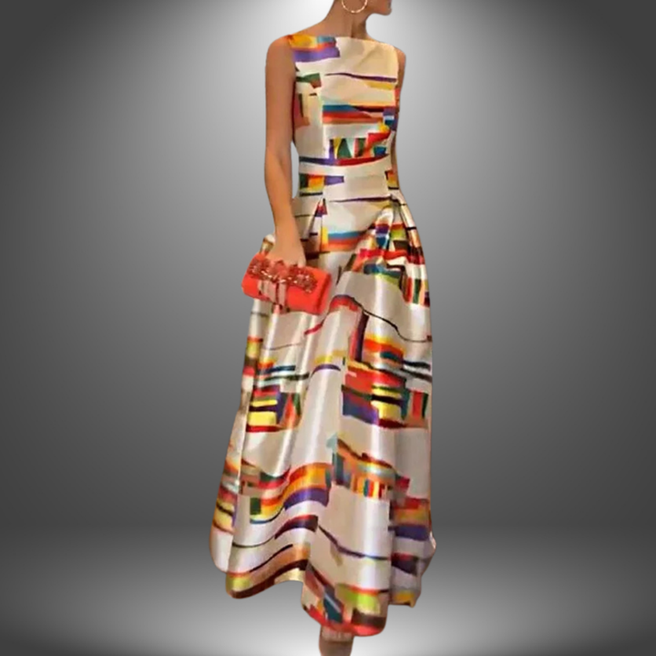 Sleeveless dress with high neckline and abstract multicolor block pattern, gathered waist