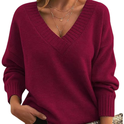 Lightweight V-neck sweater, wine red knit with ribbed V-neck and cuffs