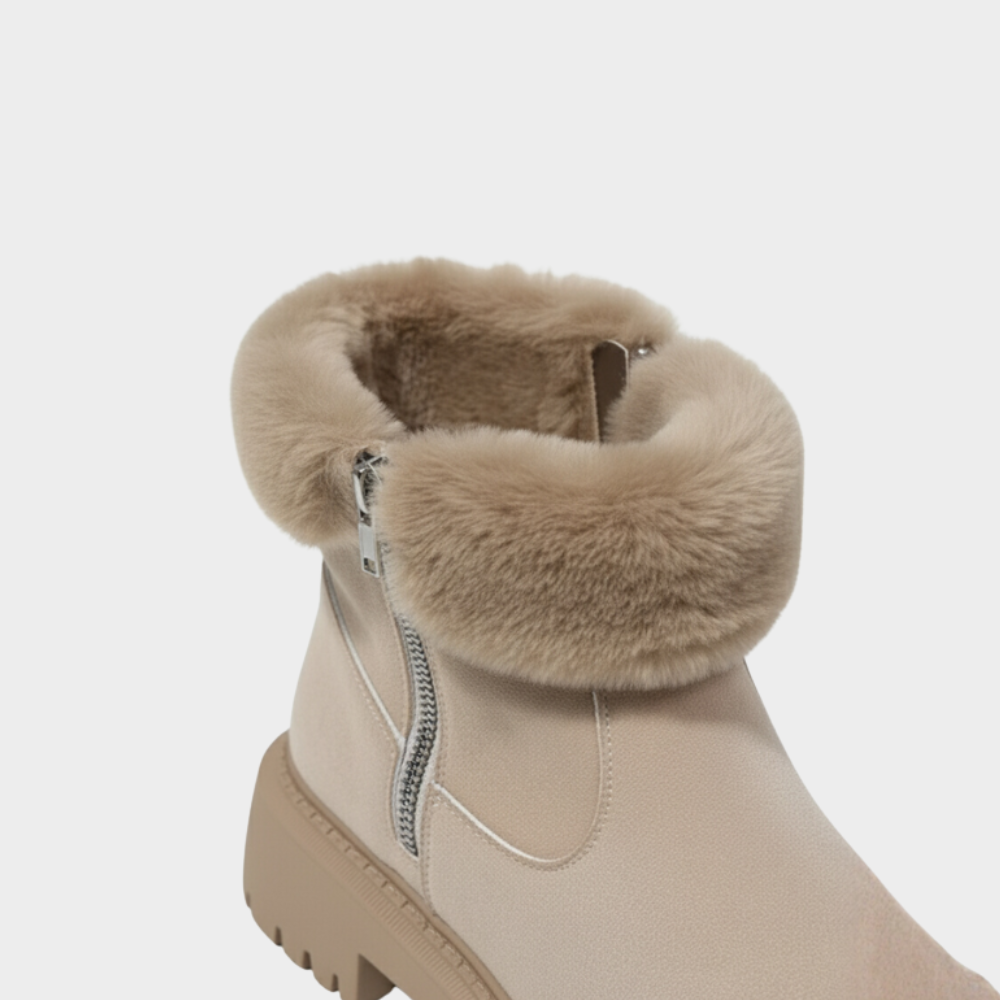 Khaki orthopedic boot close-up with faux fur cuff and side zipper