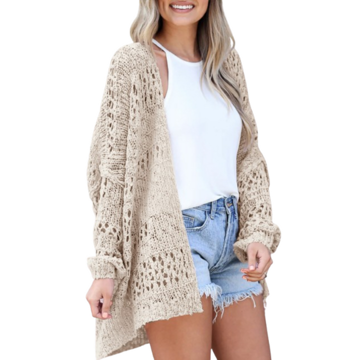 Apricot open-knit oversized boho summer cardigan, long sleeves, fringe hem