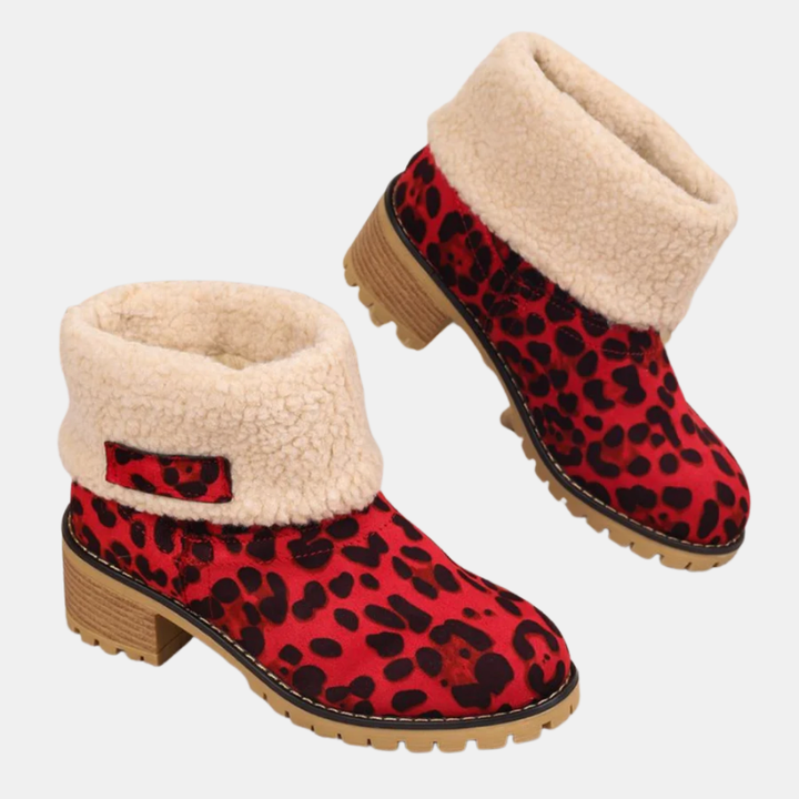 Women’s ankle boots with red leopard print upper and sherpa cuff, chunky block heel