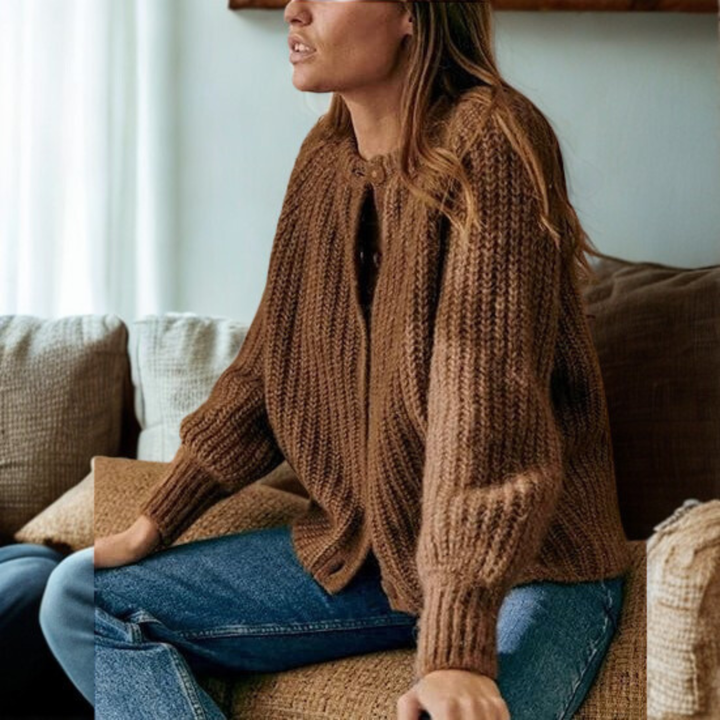 Brown button-front round-neck long-sleeve chunky knit cardigan