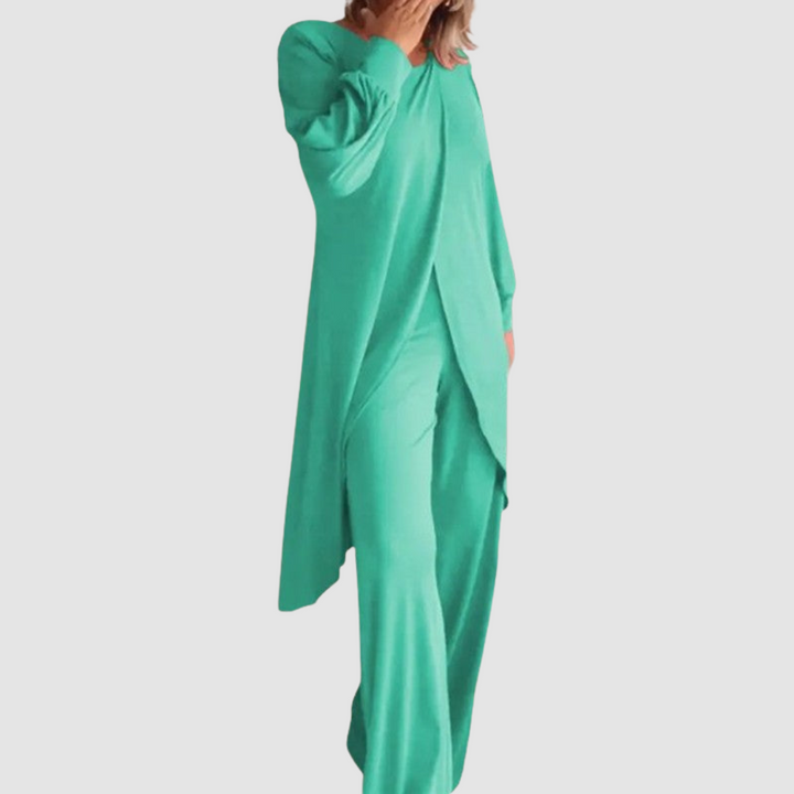 Laine™ longline top and trousers set, green with draped front