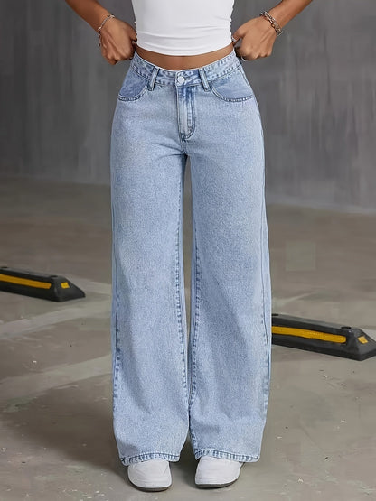 Light blue high-waisted wide-leg denim jeans, button fly and belt loops