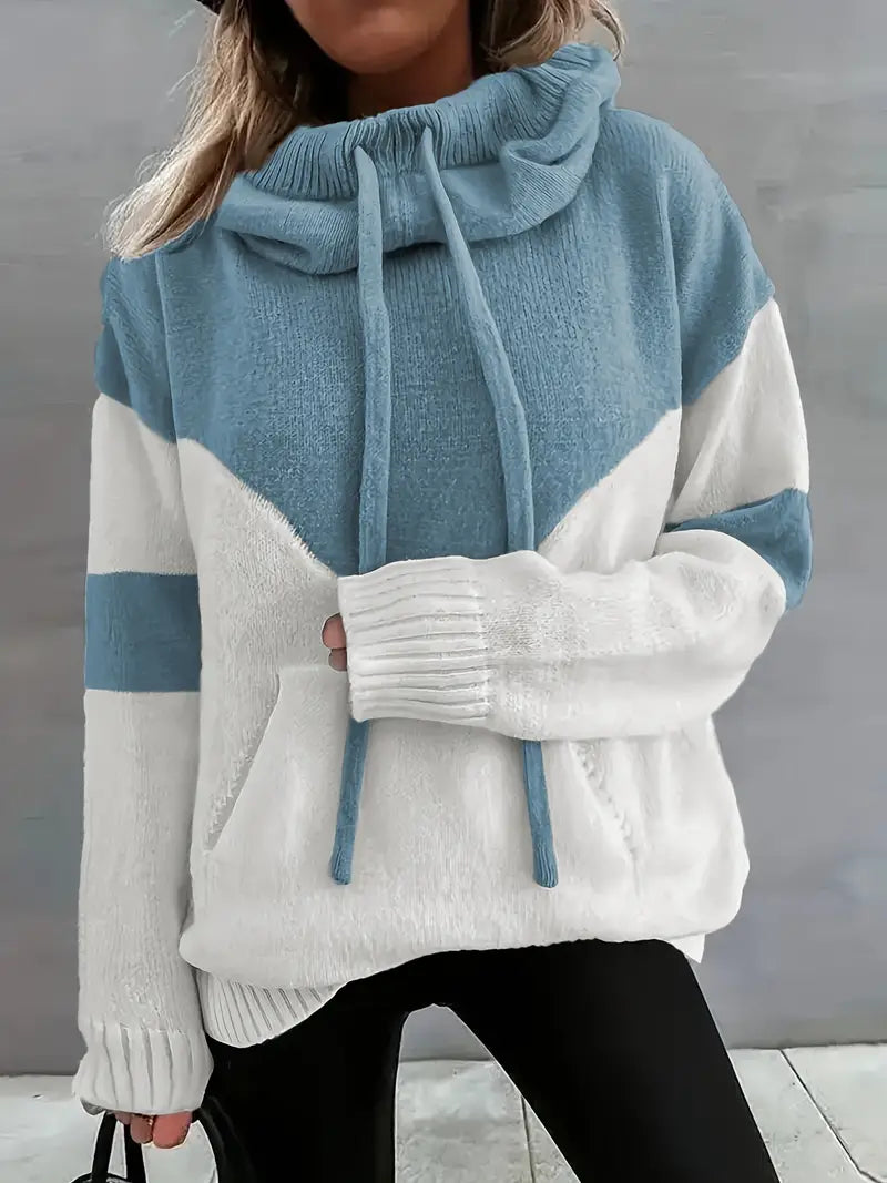 Blue and white dual-tone hooded hoodie with drawstring and front pocket