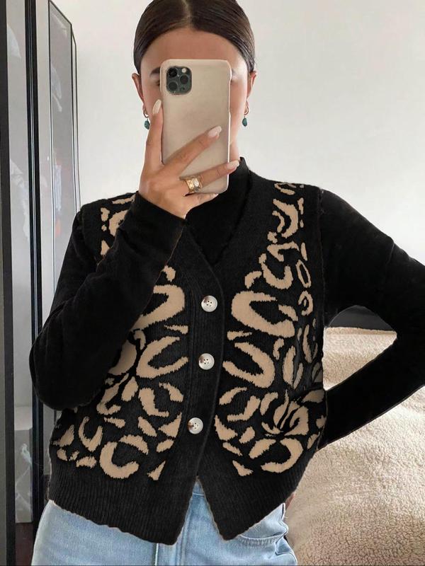 JADE™ leopard print sweater vest, black with tan spots and button front