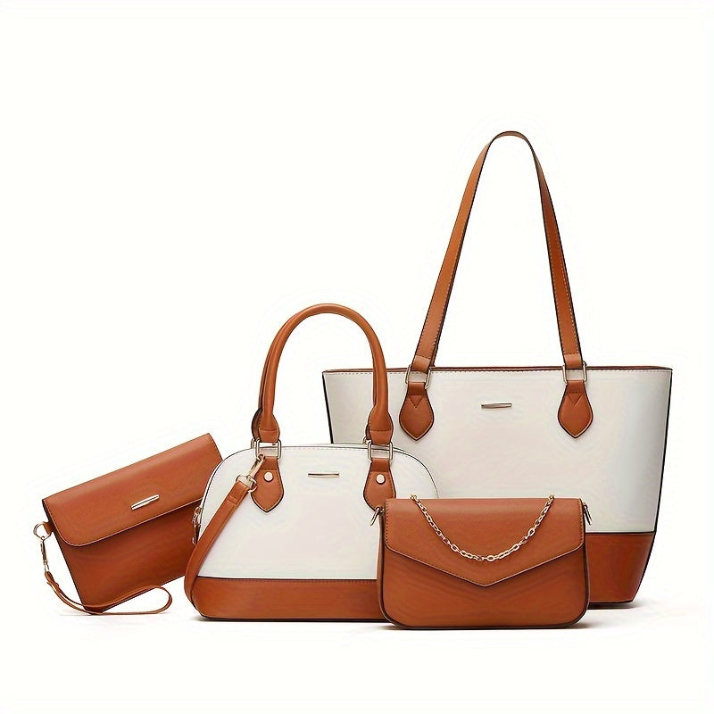 Mother and daughter bag set in white with tan accents, includes tote and two smaller coordinated bags