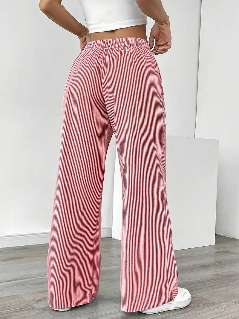 Pink striped wide-leg pants with elastic waistband and straight wide legs