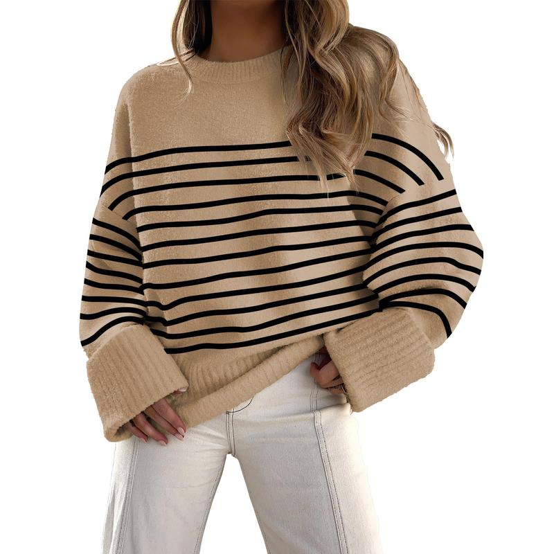 Long sleeve crewneck pullover sweater, beige with black horizontal stripes