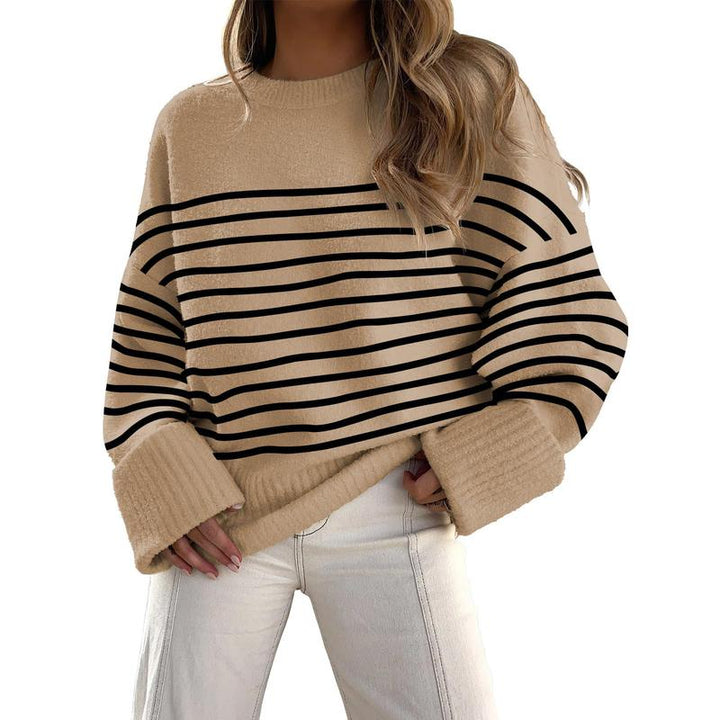 Long sleeve crewneck pullover sweater, beige with black horizontal stripes