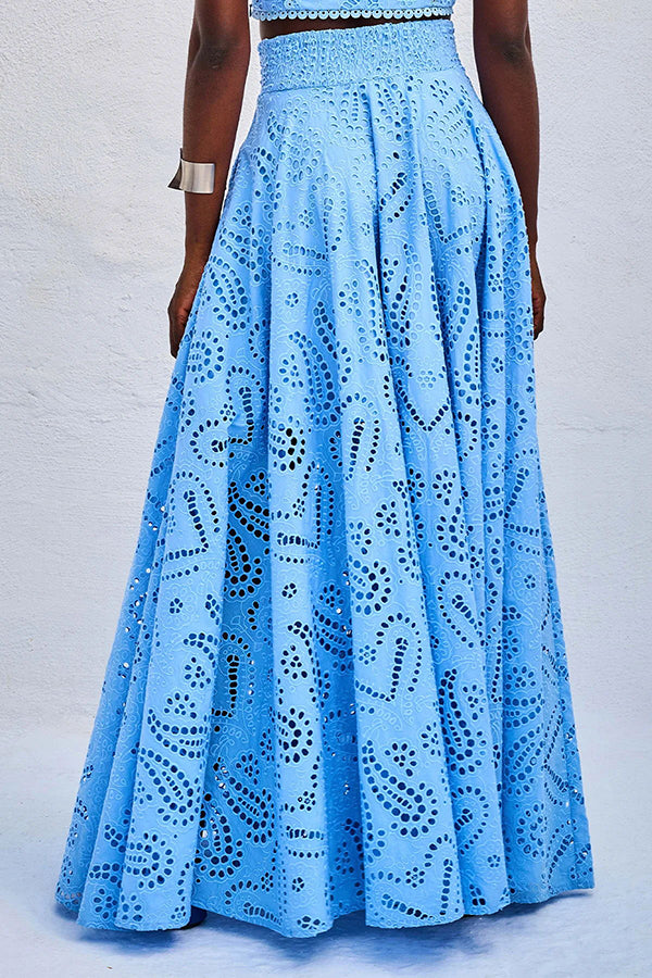 Blue embroidered high-waist maxi skirt with matching sleeveless cropped top set