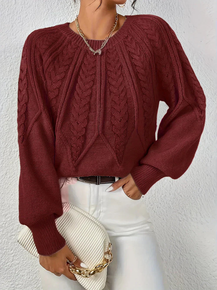 Classic comfort sweater in burgundy with cable knit design, crew neck, long sleeves