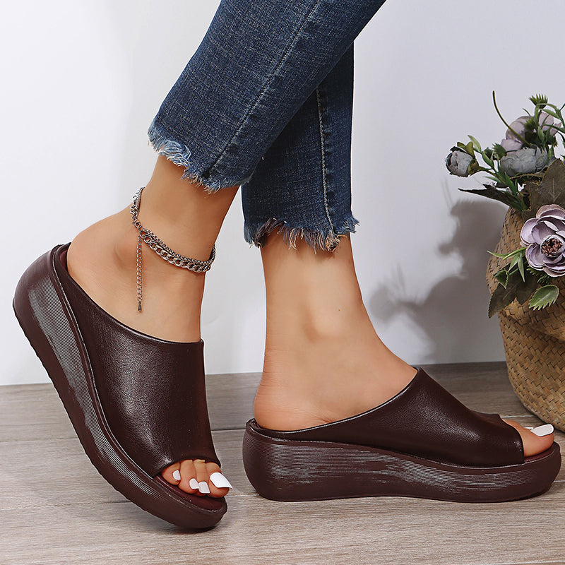 Orthopedic sandals, dark brown open-toe slip-on with thick cushioned sole