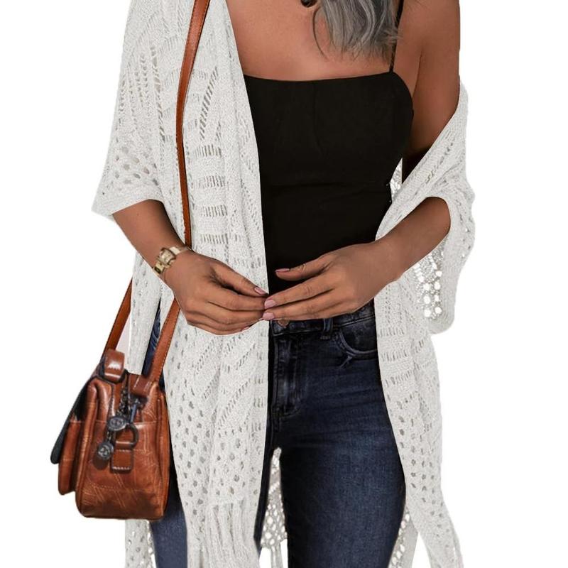 Open-front crochet knit cardigan in white, short sleeves with openwork pattern