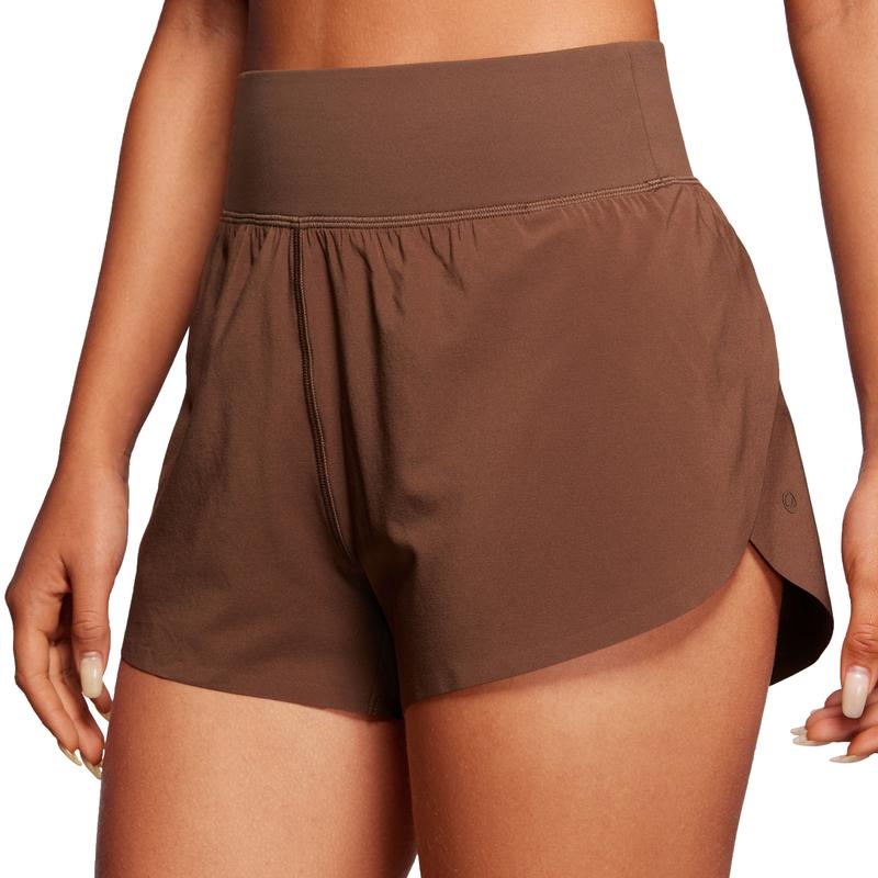High-waist split-hem shorts, dark brown, elastic waistband and drawstring detail
