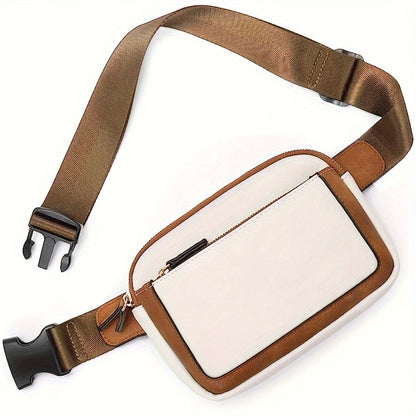 White and brown lightweight crossbody bag with adjustable strap and zip front.
