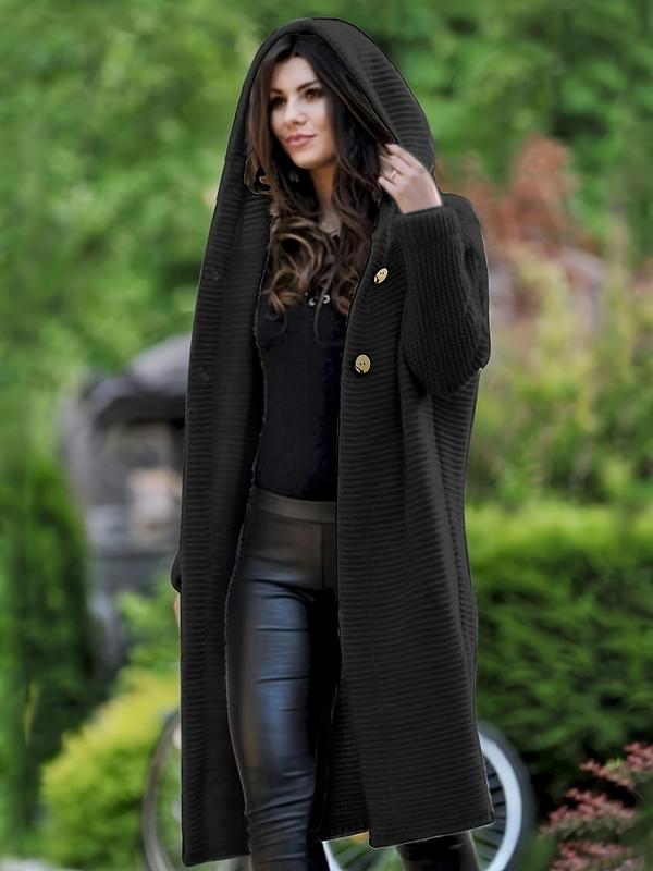 Black textured hooded cardigan, long button-front with drop shoulders and patch pockets