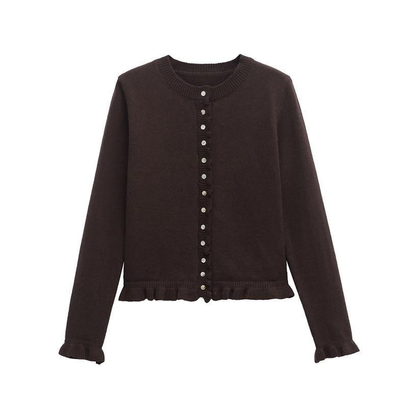 Chocolate brown button-up cardigan with long sleeves, front button placket, lettuce trim hem