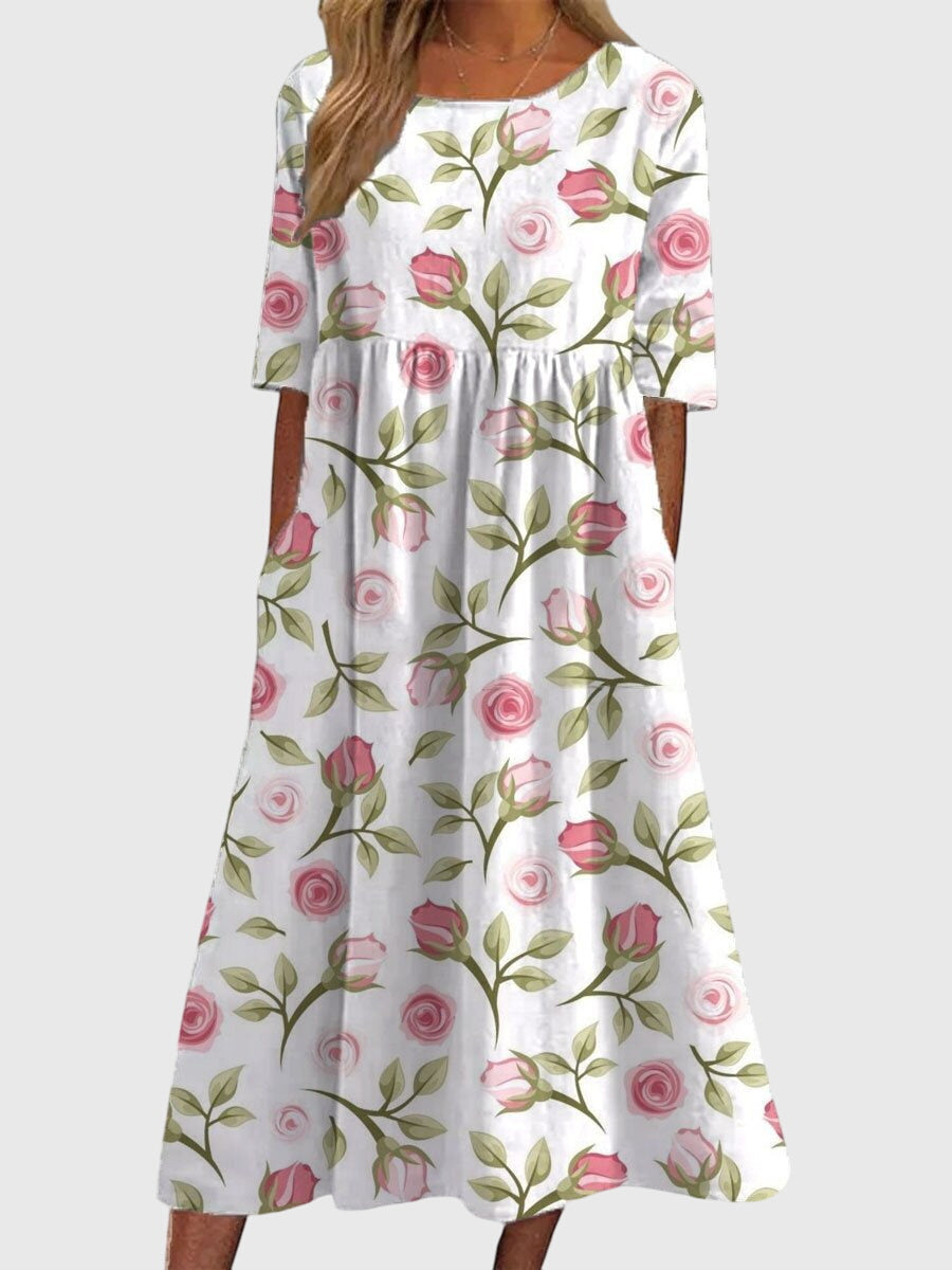 Relaxed midi dress in white with pink rose print, short sleeves, gathered skirt