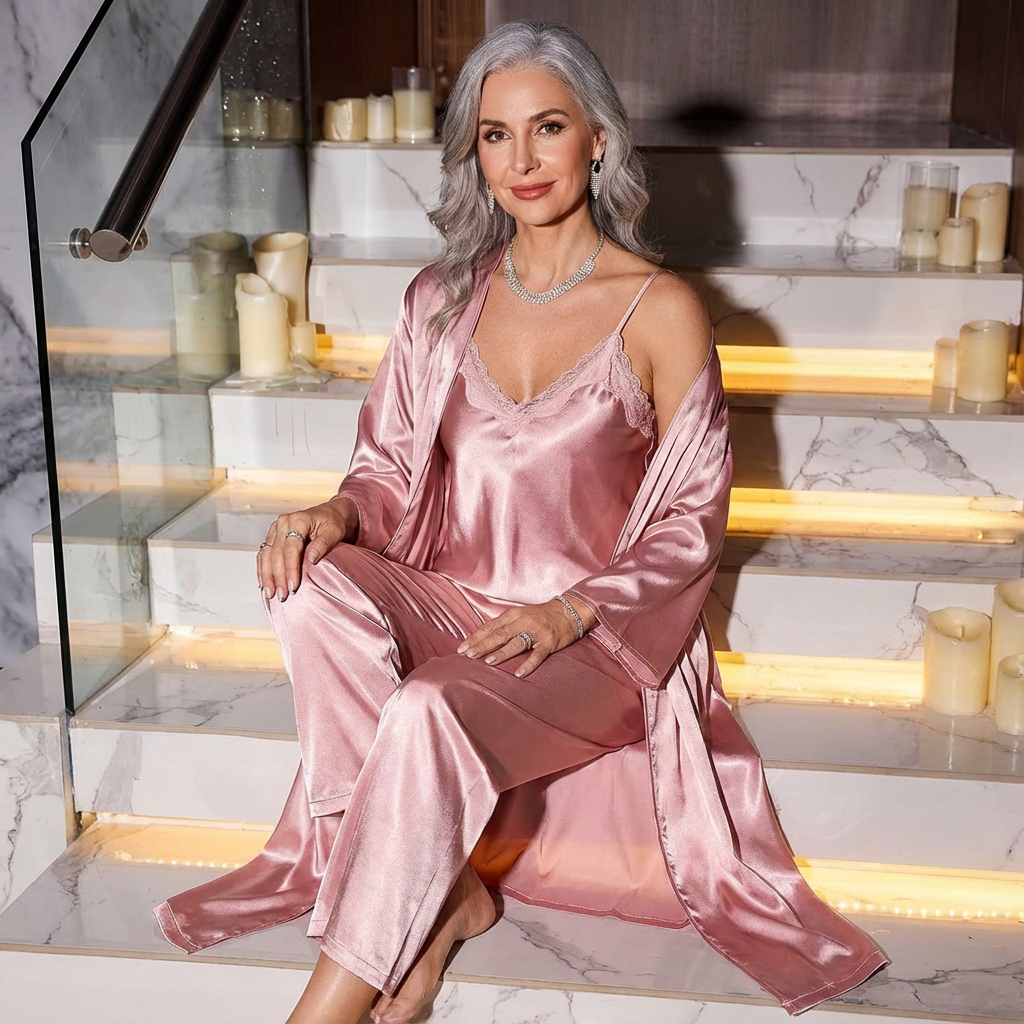 Pink satin robe set: lace camisole, long robe and matching pants (3-piece)