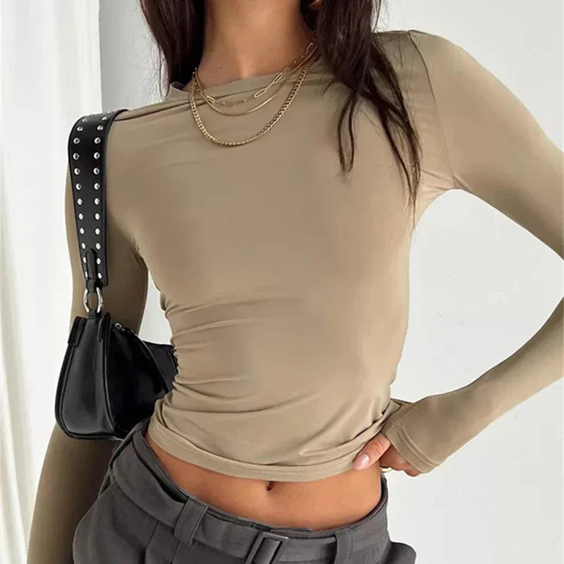Women's minimalist casual top, khaki, long sleeves, crew neck