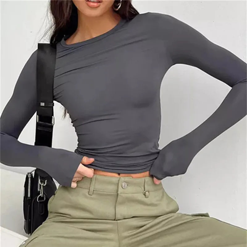 Women's minimalist casual top, dark grey, long sleeves, crew neck