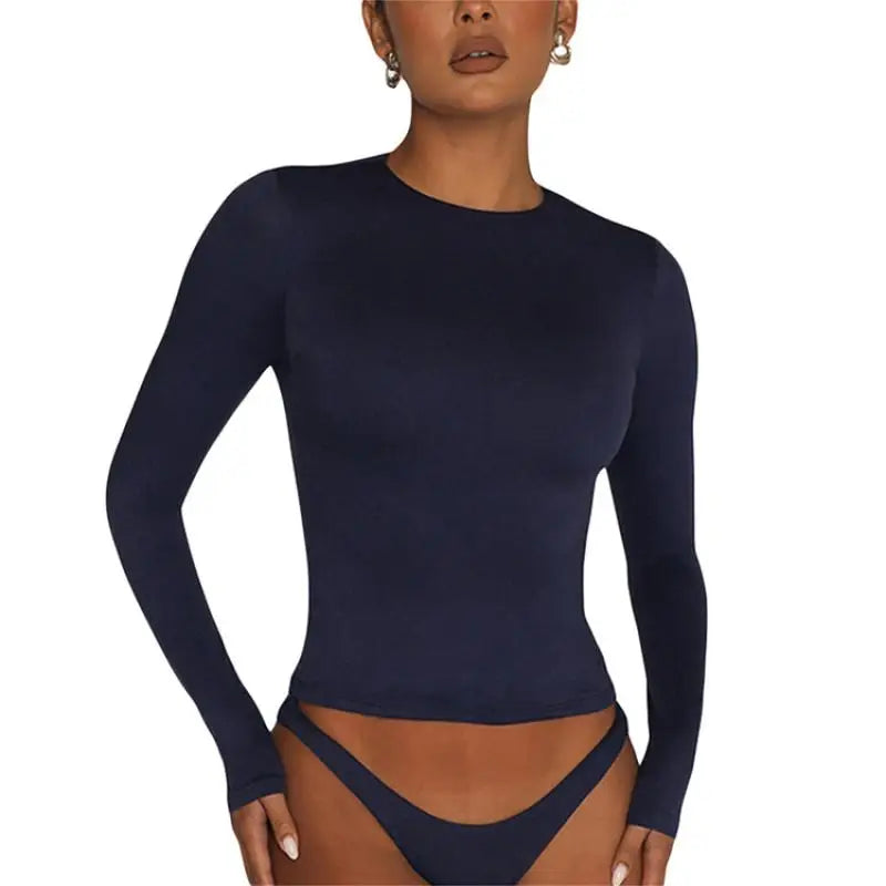 Women's minimalist casual top, dark blue, long sleeves, crew neck