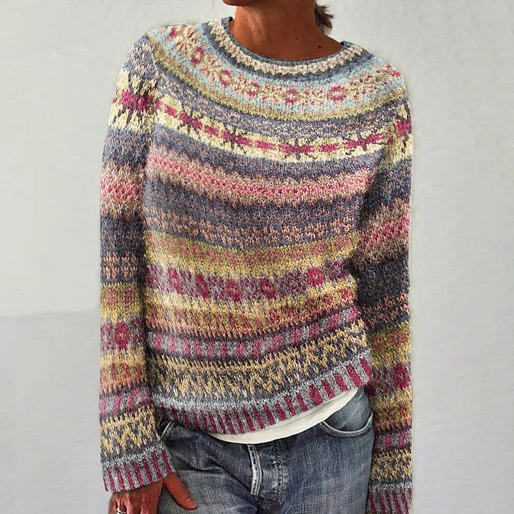 Multicolor Fair Isle crewneck sweater with long sleeves, blue and beige knit stripes