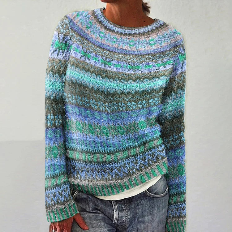 Multicolor Fair Isle crewneck sweater with long sleeves, teal and green knit stripes