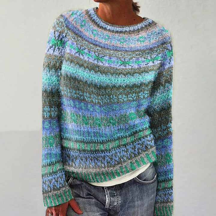 Multicolor Fair Isle crewneck sweater with long sleeves, teal and green knit stripes