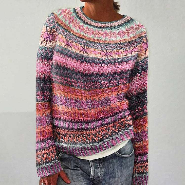 Multicolor Fair Isle crewneck sweater with long sleeves, pink and dark stripes