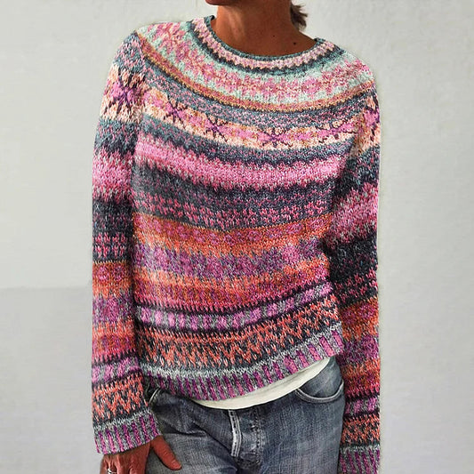 Multicolor Fair Isle crewneck sweater with long sleeves, pink and dark stripes