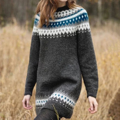Charcoal knit sweater dress with Nordic fair isle yoke and banded hem detail