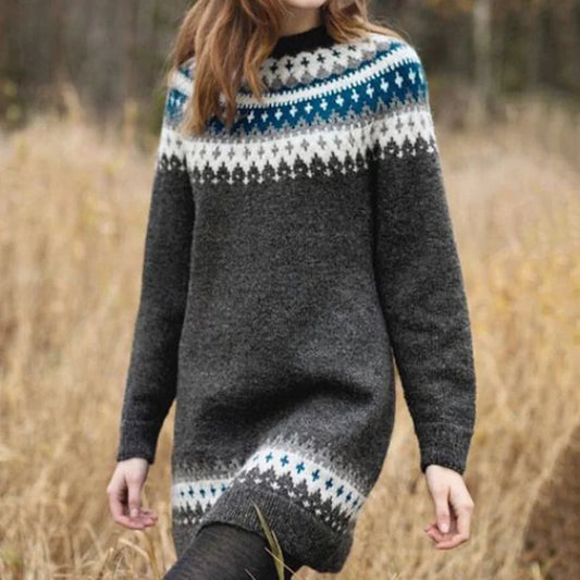 Charcoal knit sweater dress with Nordic fair isle yoke and banded hem detail