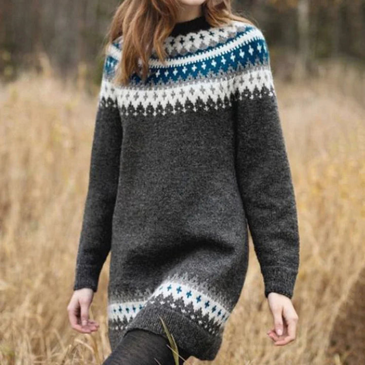 Charcoal knit sweater dress with Nordic fair isle yoke and banded hem detail
