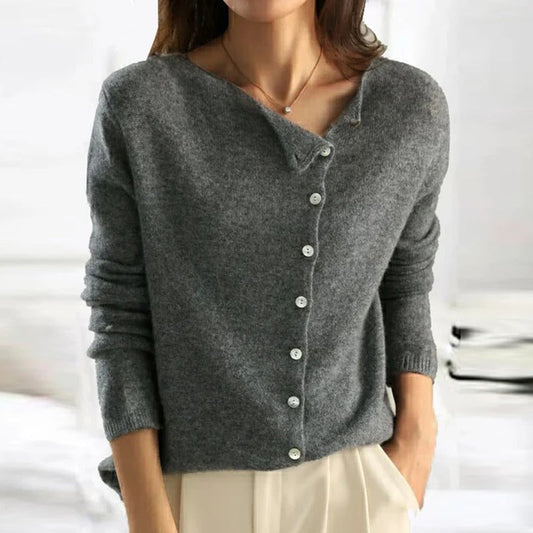 Dark grey buttoned V-neck sweater with long sleeves and ribbed cuffs
