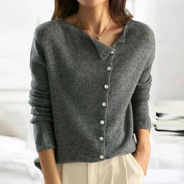 Dark grey buttoned V-neck sweater with long sleeves and ribbed cuffs