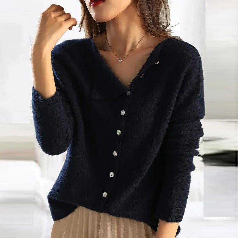 Navy buttoned V-neck sweater with long sleeves and front button placket