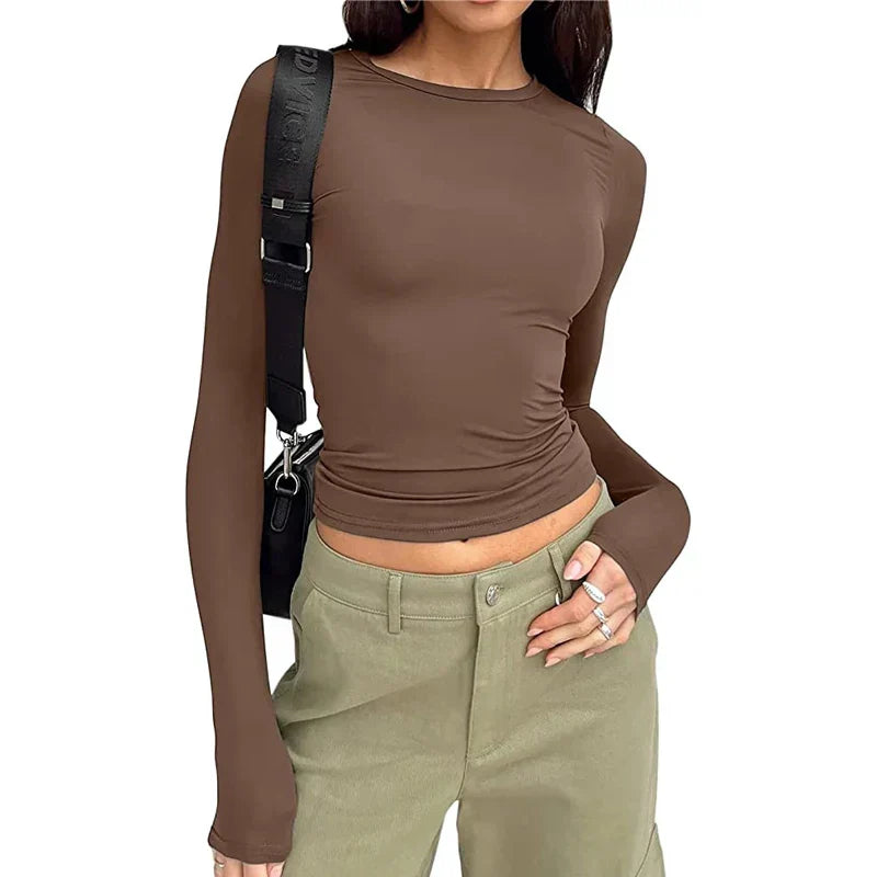 Women's minimalist casual top, brown, long sleeves, crew neck